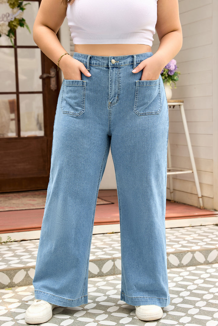 Dusk Blue Patched Pocket Textured Wide Leg Plus Size Jeans