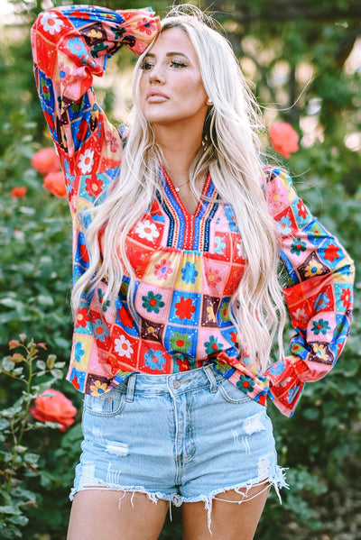 White Checkered Flower Print Bubble Sleeve Blouse