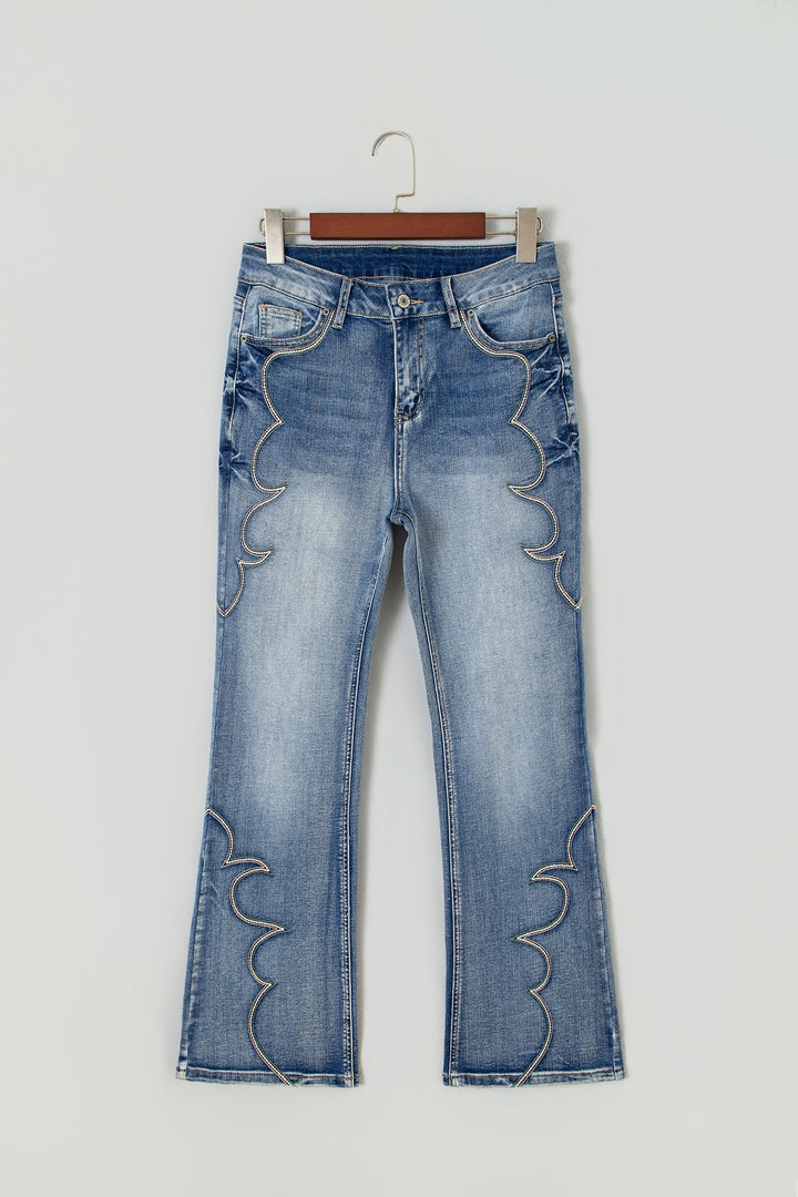 Blue Western Embroidered Flare Full Length Jeans