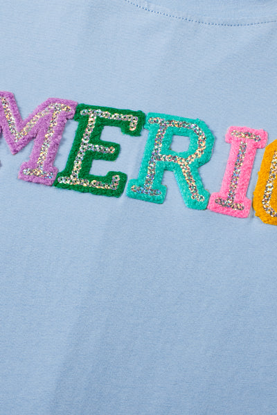 Mist Blue Sparkle America Pastel Embroidered Graphic T-shirt