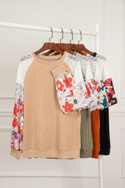 Cinnamon Floral Patchwork Long Sleeve Ribbed Blouse