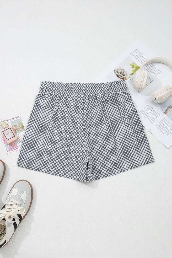 Gray Checkerboard Print Drawstring Elastic Waist Pocketed Shorts