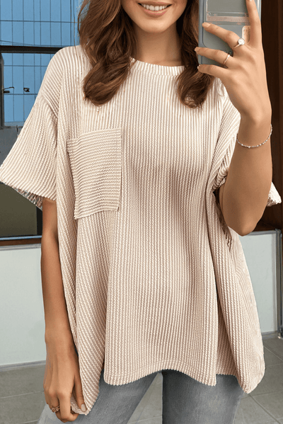 Beige Corded Knit Pocketed Loose Fit T Shirt