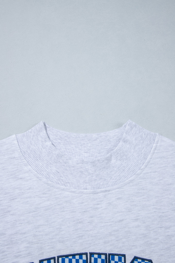 Light Grey High Neck Embroidered Checkered Letter Game Day Sweatshirt