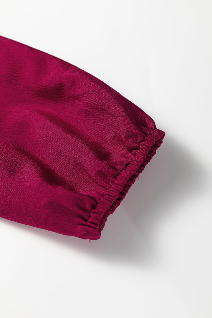 Burgundy Solid Long Sleeve Button V Neck Tiered Maxi Dress