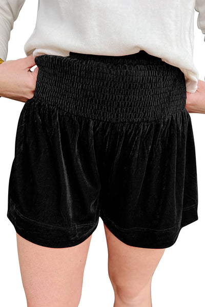 Black Smocked High Waist Velvet Shorts