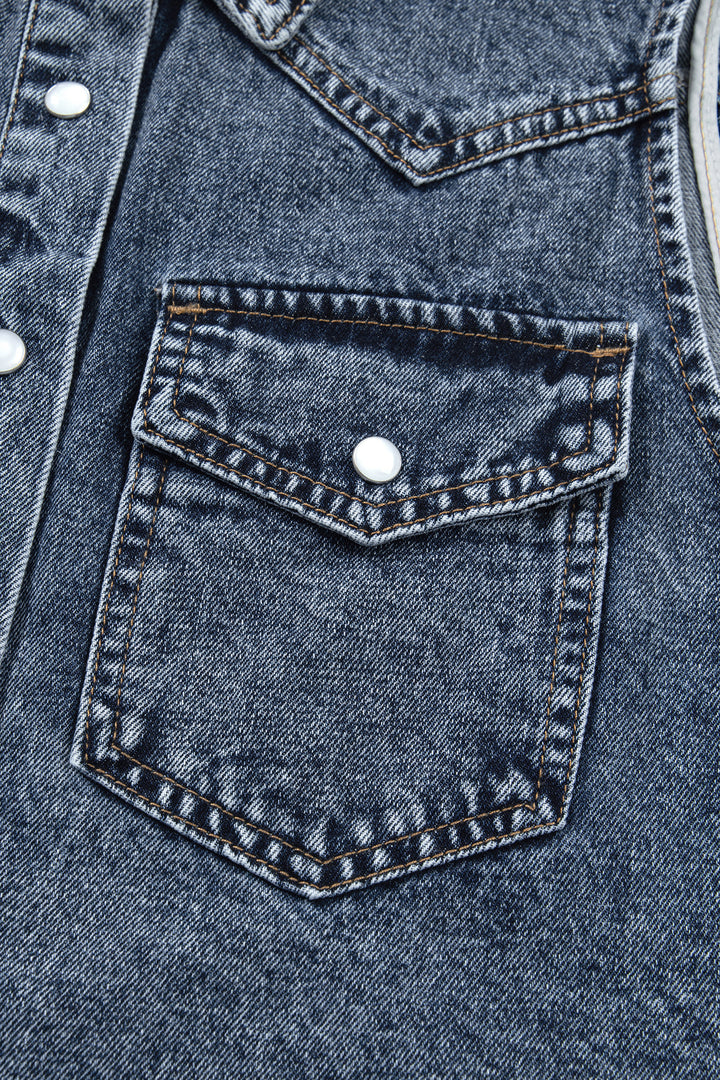 Ashleigh Blue Solid Denim Button Front Pocket Sleeveless Cowboy Vest