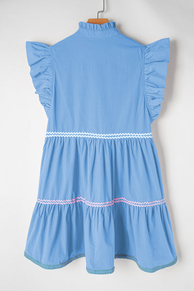 Beau Blue Ric Rac Colorblock Flutter Sleeve V Neck Tiered Dress