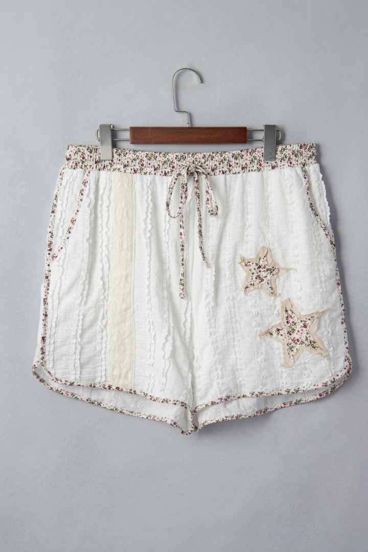 White Textured Lace Detail Floral Star Patch Drawstring Casual Shorts