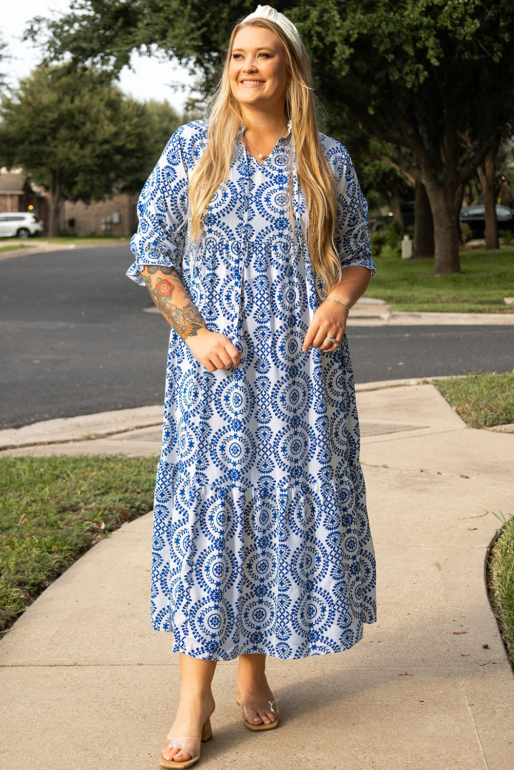 Sky Blue Geometric Print Lace-up Notch Neck Plus Size Maxi Dress