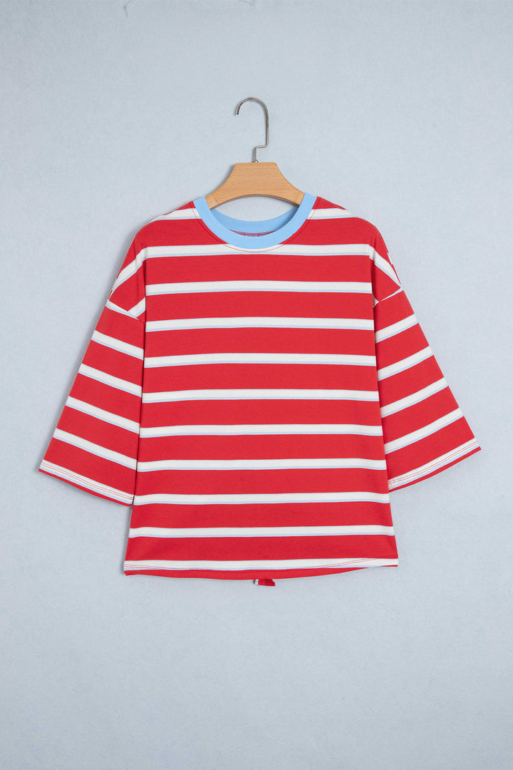 Racing Red Striped Bow Tie Hollowed Back 7/8 Sleeve Casual T-Shirt