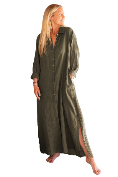 Green Crinkle Button Up Casual Split Shirt Maxi Dress