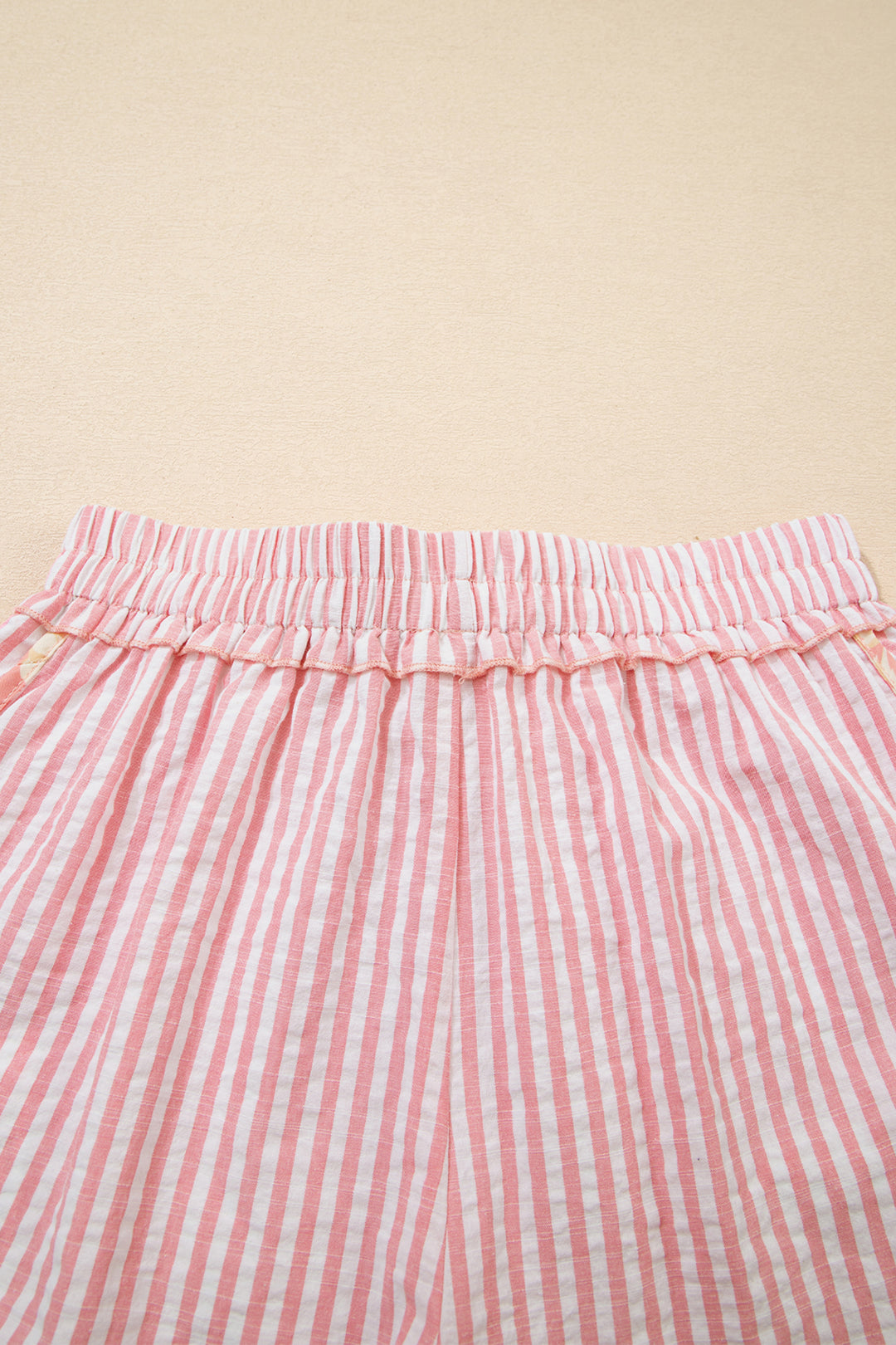 Light Pink Floral Trim Ribbon Knot Striped Casual Shorts