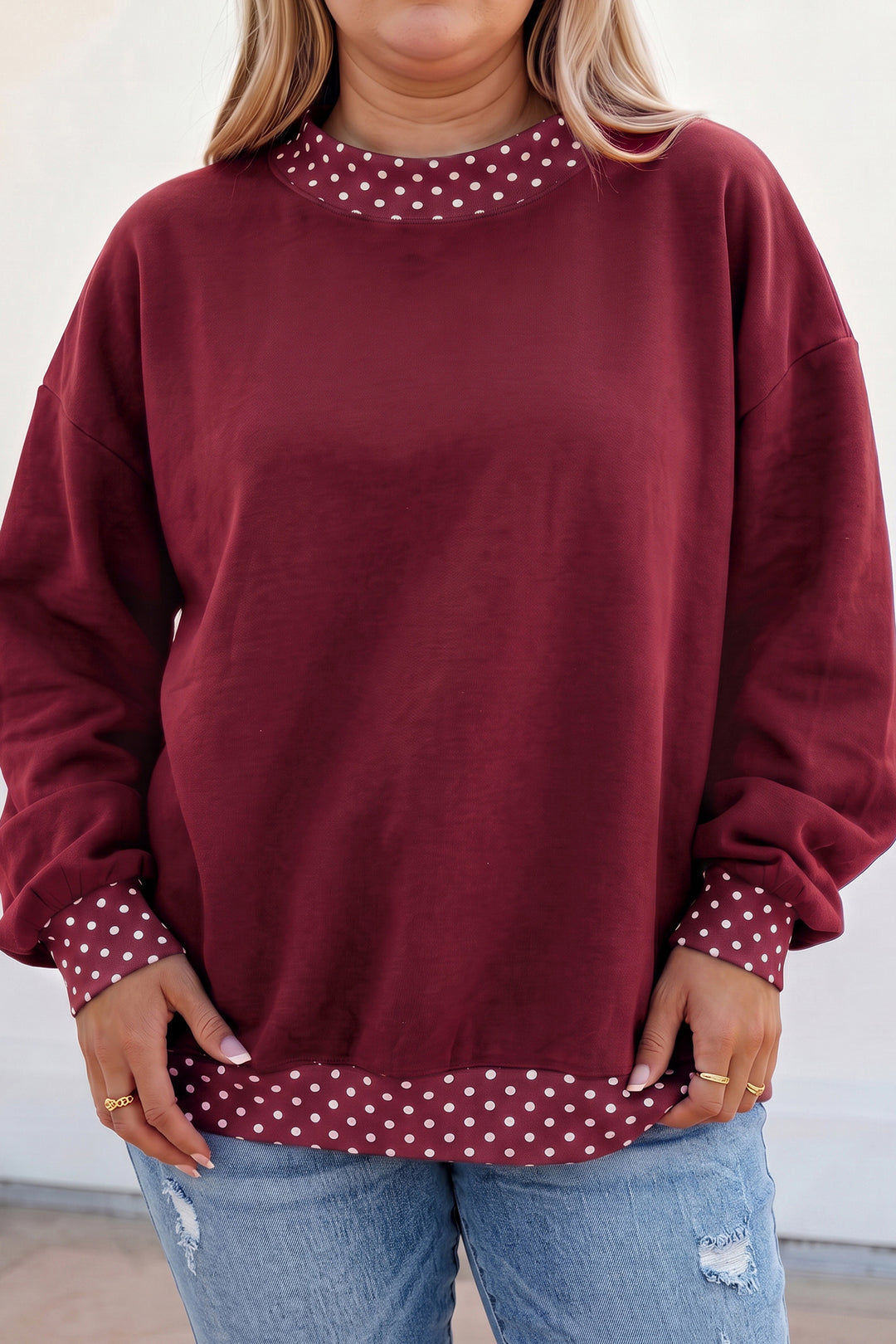 Tillandsia Purple Polka Dot Patchwork Round Neck Plus Size Sweatshirt