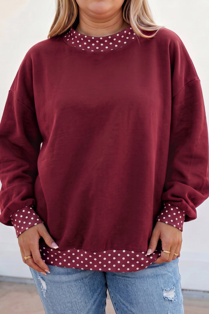Tillandsia Purple Polka Dot Patchwork Round Neck Plus Size Sweatshirt
