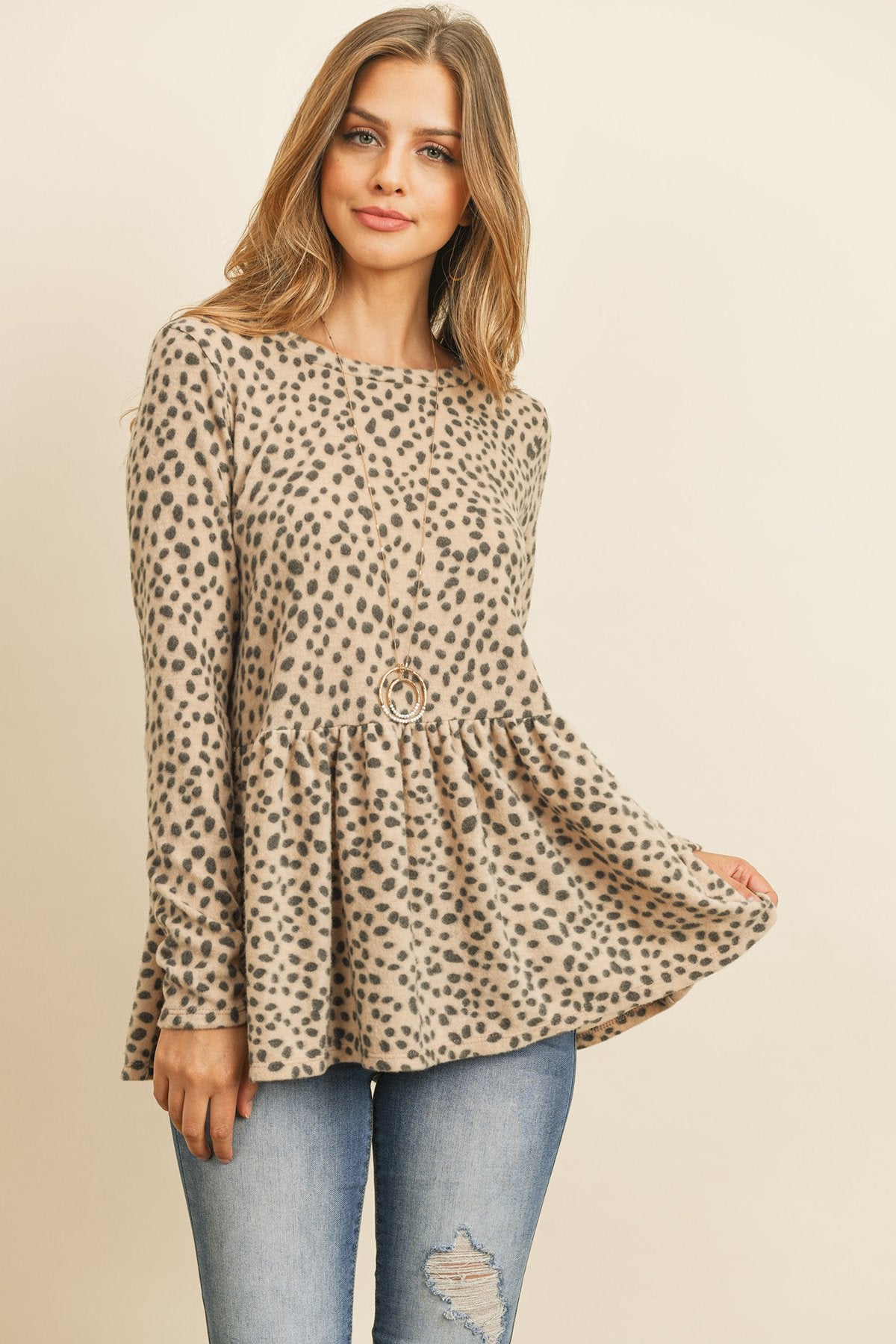 Animal Print Long Sleeve Cinch Waist Top