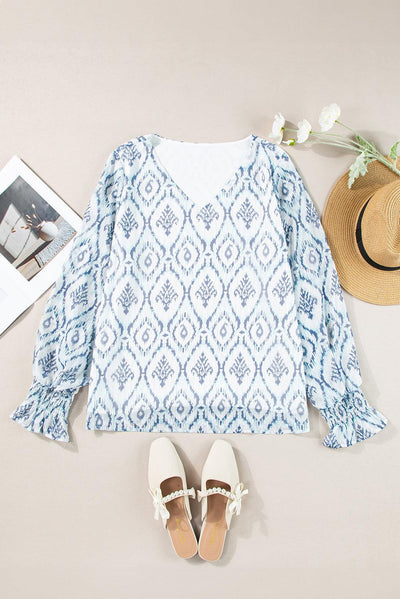 Sky Blue Geometric Print Shirred Puff Sleeve V Neck Blouse