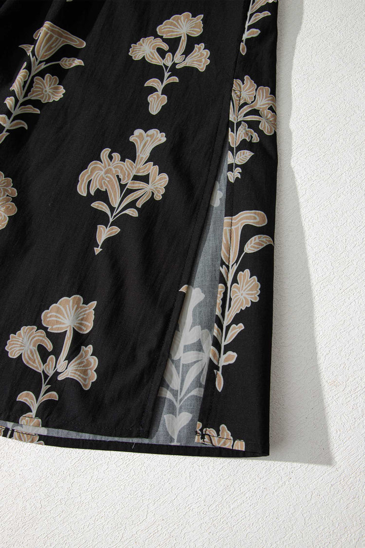 Black Floral Print Frilled Collar Short Puff Sleeve Plus Size Maxi Dress