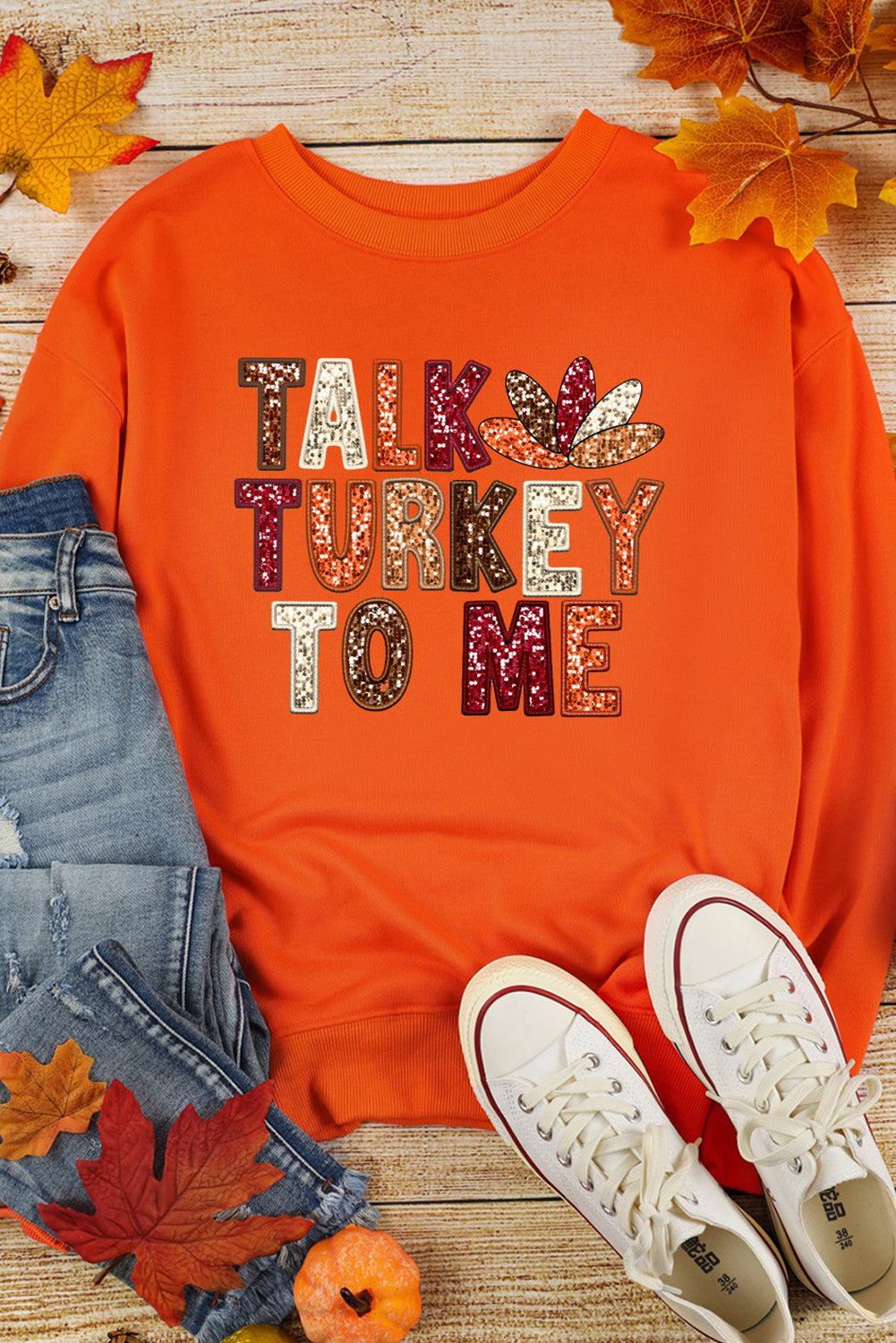 Orange TALK TURKEY TO ME Graphic Thanksgiving Holiday Sweatshirt