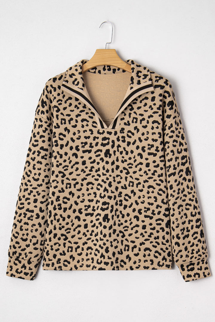 Parchment Leopard Polo Collar V Neck Pullover Top