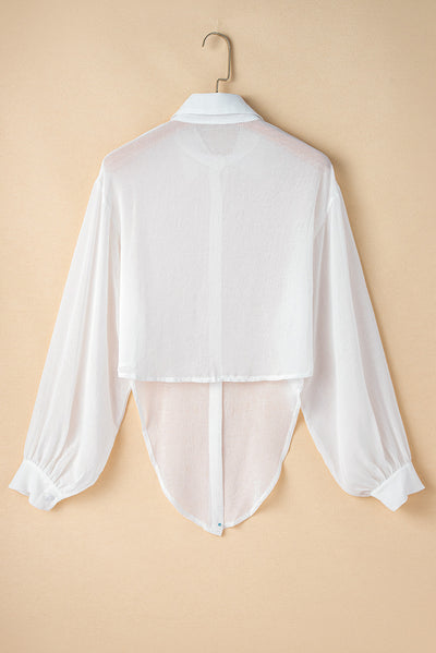 White Solid Knotted Front Loose Fit Sheer Shirt