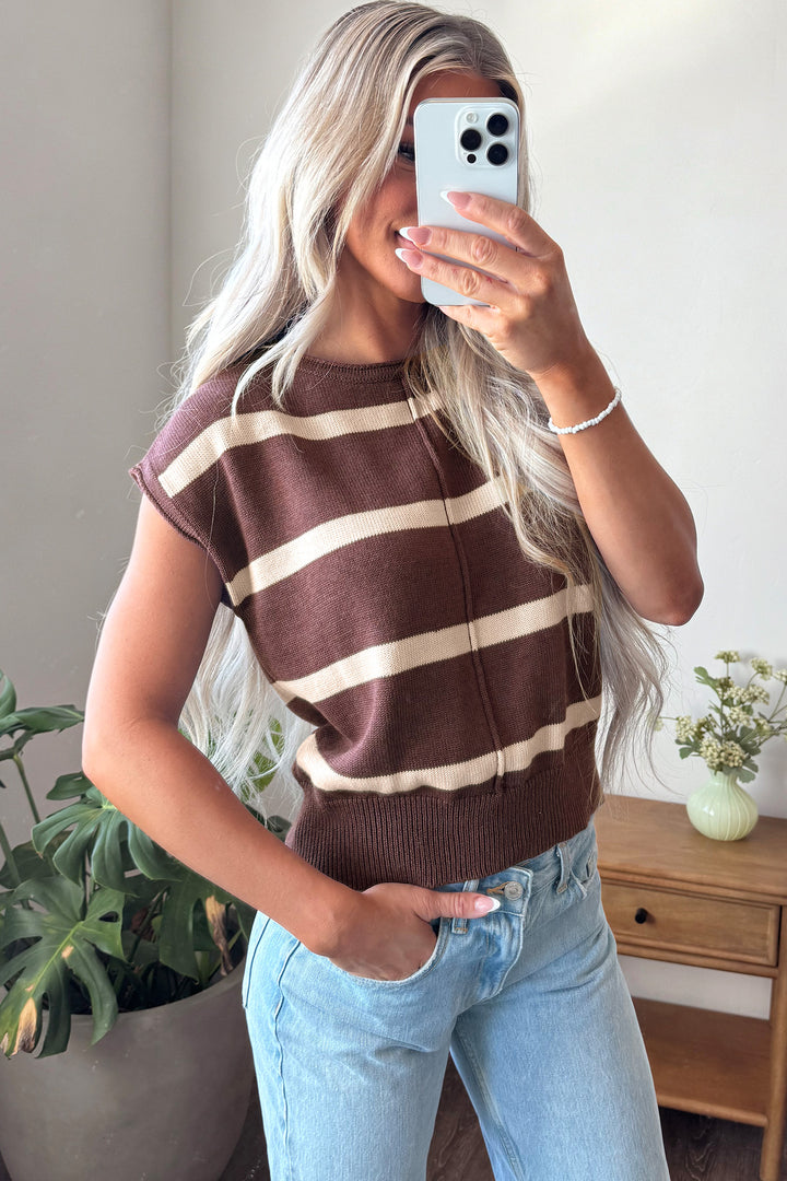 Rose Stripe Knit Western Short Sleeve Sweater