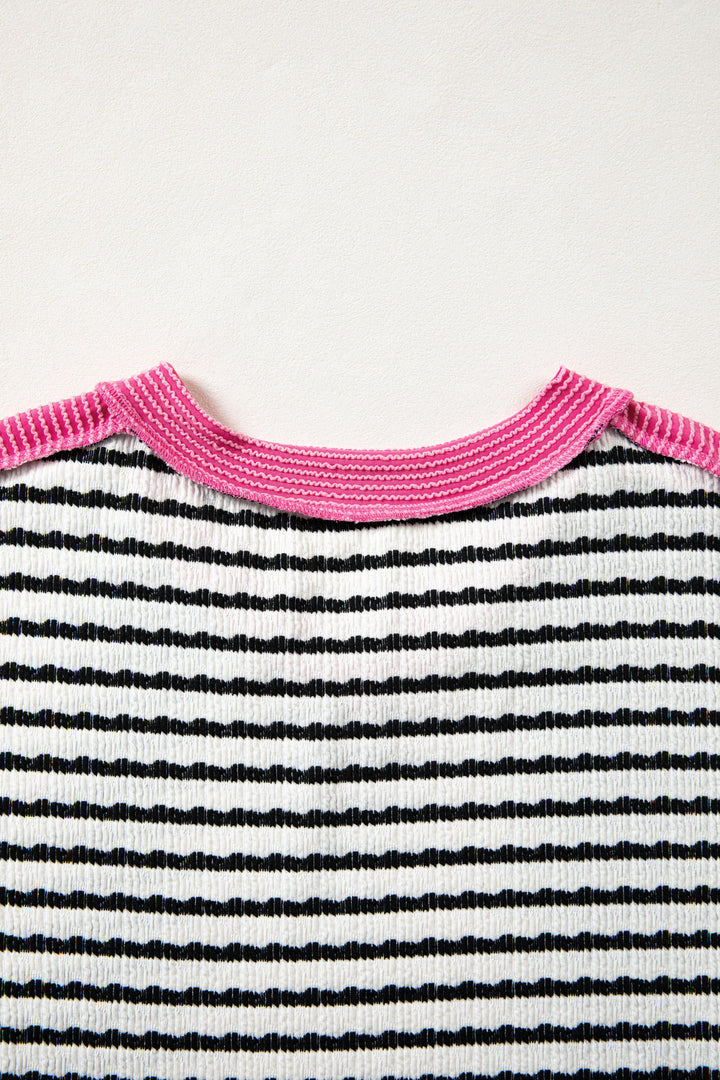 Black Stripe Textured Knit Twisted Rib Contrast Patchwork V Neck Long Sleeve Top