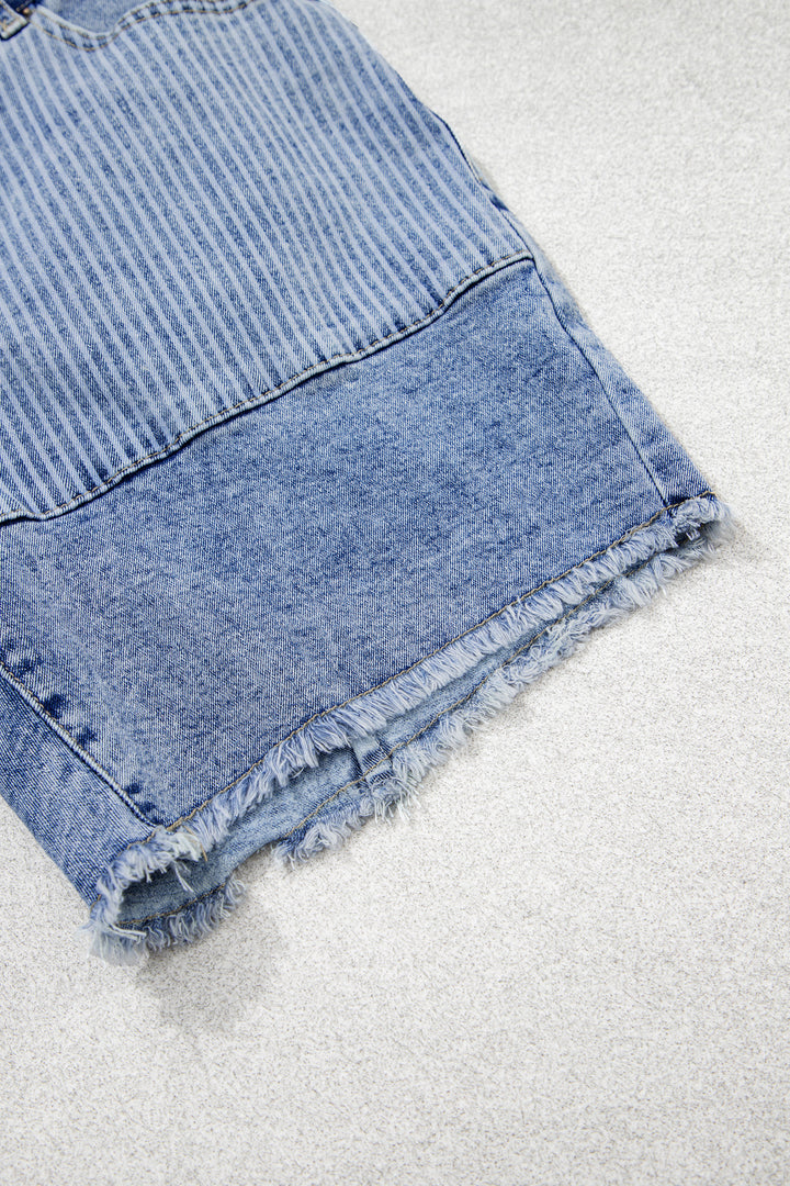 Sky Blue Striped Paisley Mixed Patchwork Raw Hem Denim Shorts