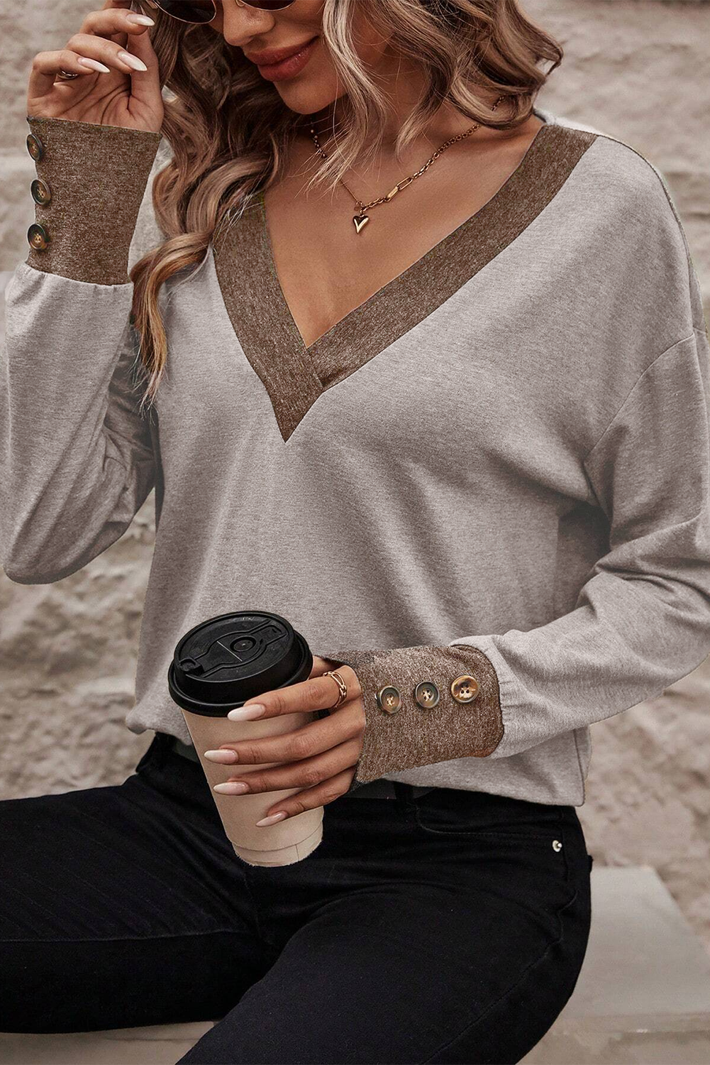 Khaki Contrast V Neck Button Cuffed Long Sleeve Top