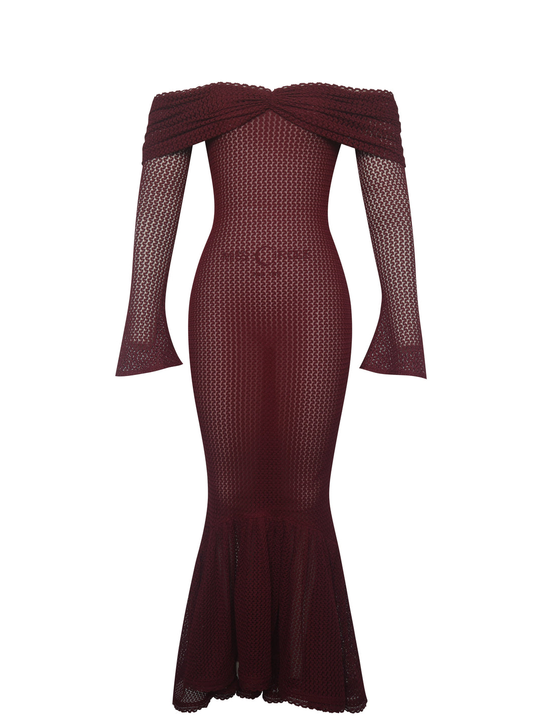 Kaedyn Burgundy Off Shoulder Long Sleeve Crochet Mermaid Maxi Dress