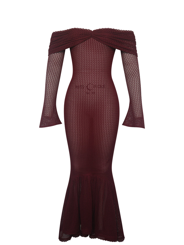 Kaedyn Burgundy Off Shoulder Long Sleeve Crochet Mermaid Maxi Dress