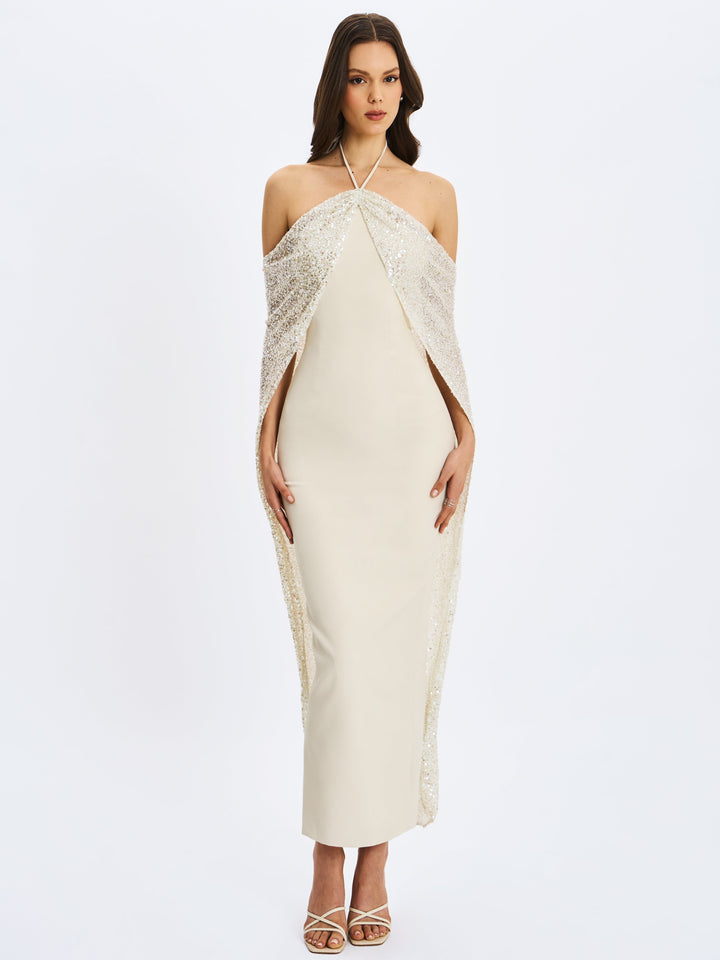 Quimera Almond Beaded Cape Halter Off-Shoulder Maxi Gown