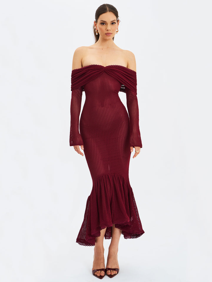 Kaedyn Burgundy Off Shoulder Long Sleeve Crochet Mermaid Maxi Dress