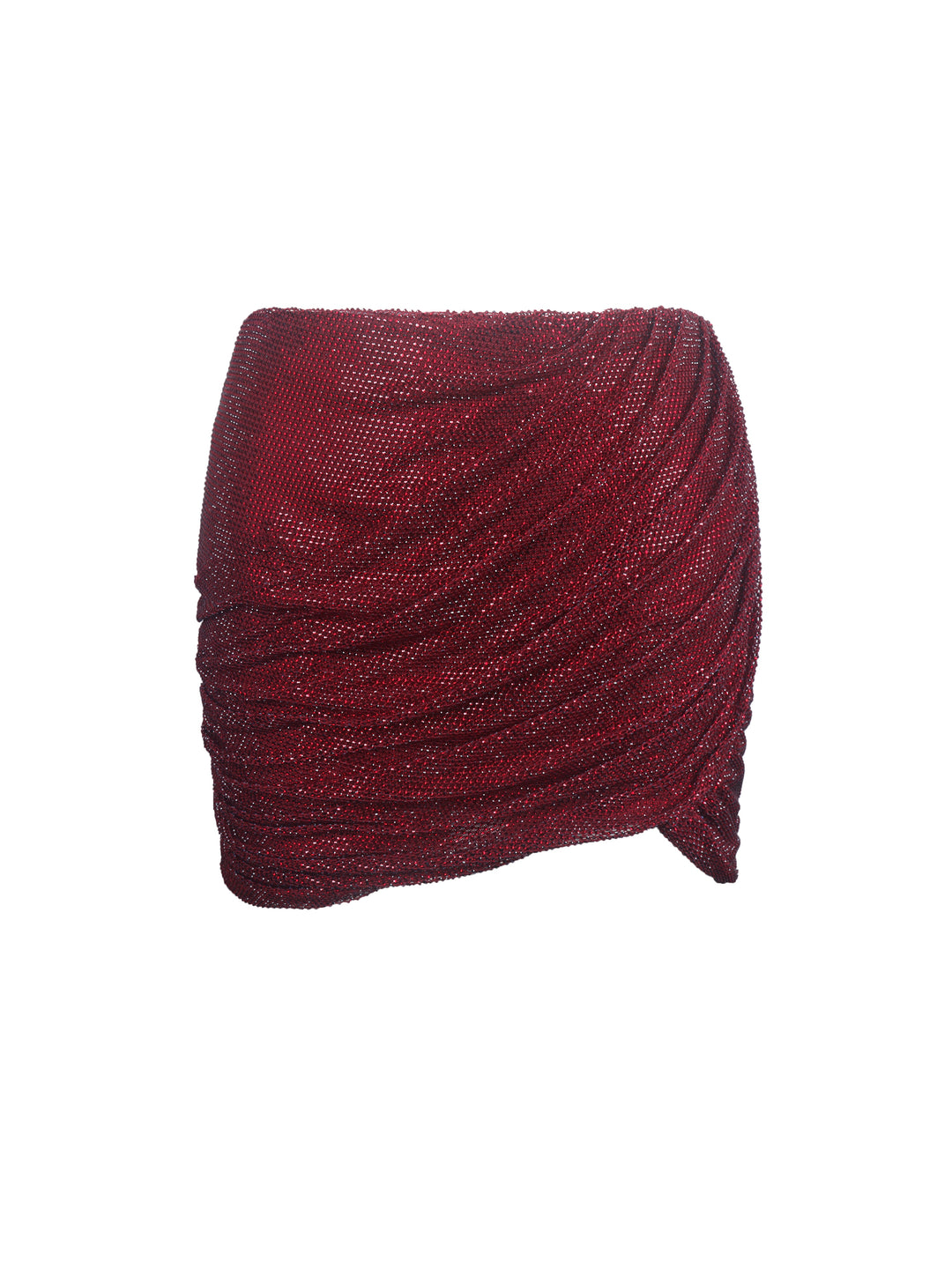 Darleen Crimson Rhinestone Mesh Low Waist Ruched Skirt