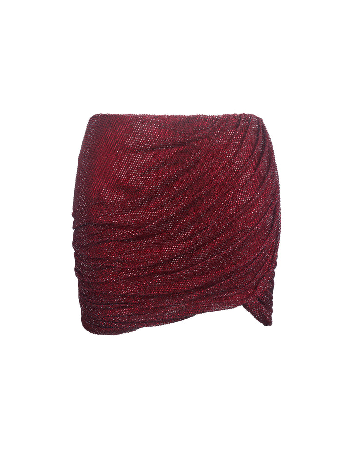 Darleen Crimson Rhinestone Mesh Low Waist Ruched Skirt