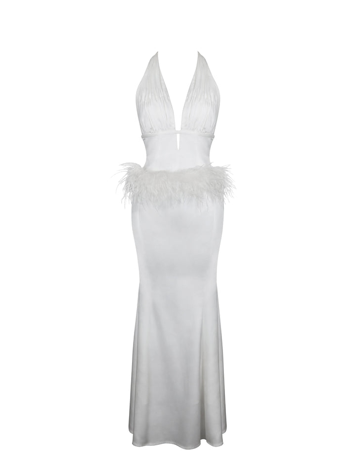 Solene Pleated Halter Backless Feather-Trim Maxi Dress