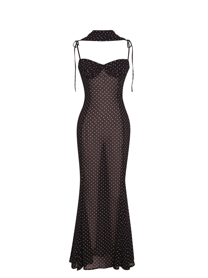 Yadira Brown Base Polka Dot Chiffon Maxi Dress