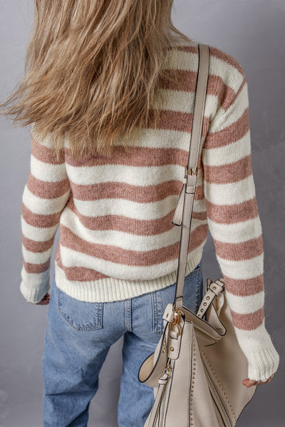 Brown Striped Round Neck Casual Sweater