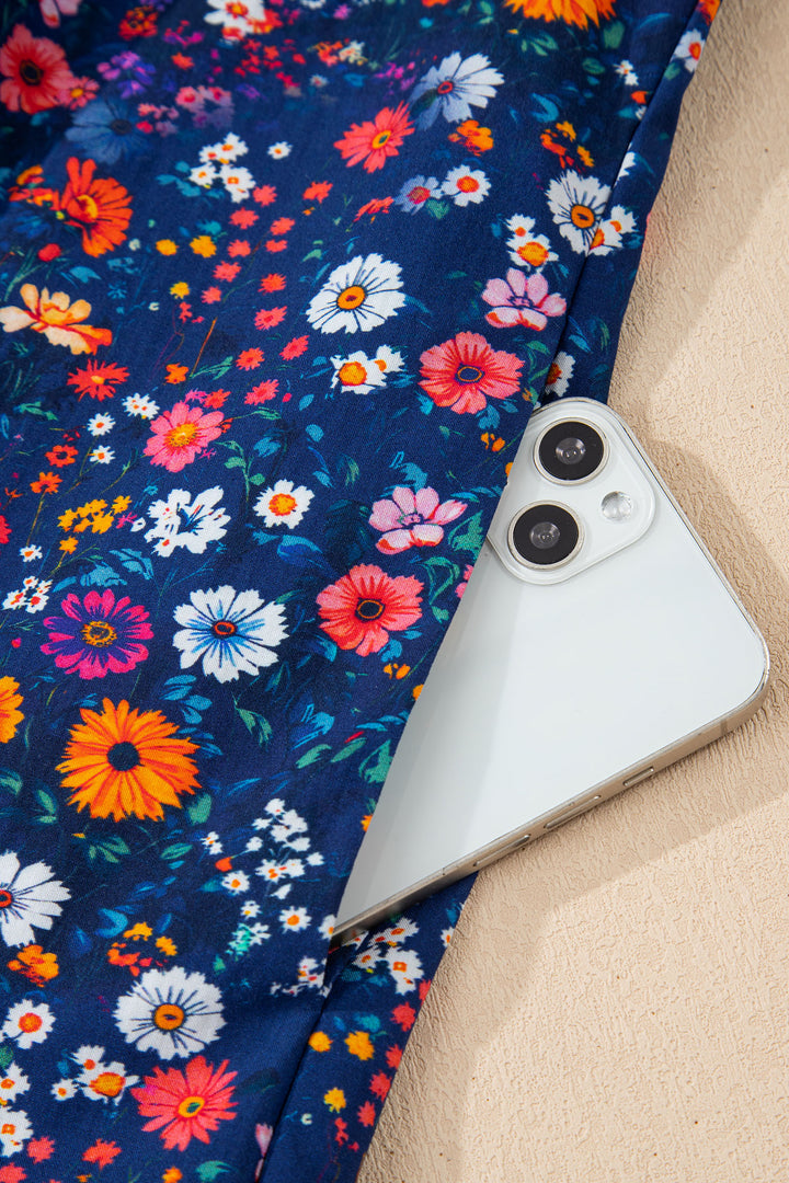 Blue Wild Daisy Floral Split Neck Short Puff Sleeve Mini Dress