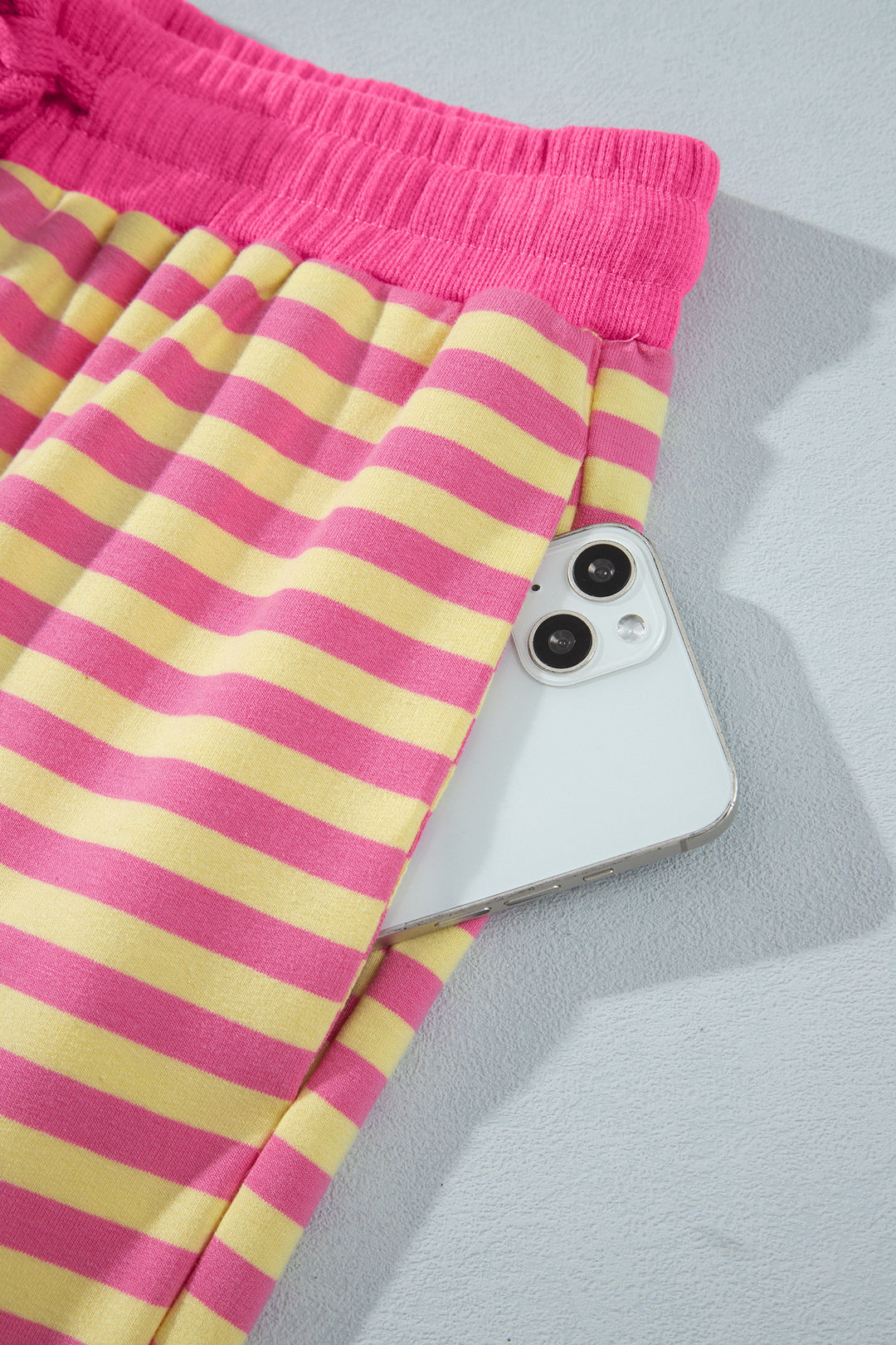 Pink Stripe Colorblock Trim Crew Neck Loose Tee Drawstring Elastic Waist 2pcs Pant Set
