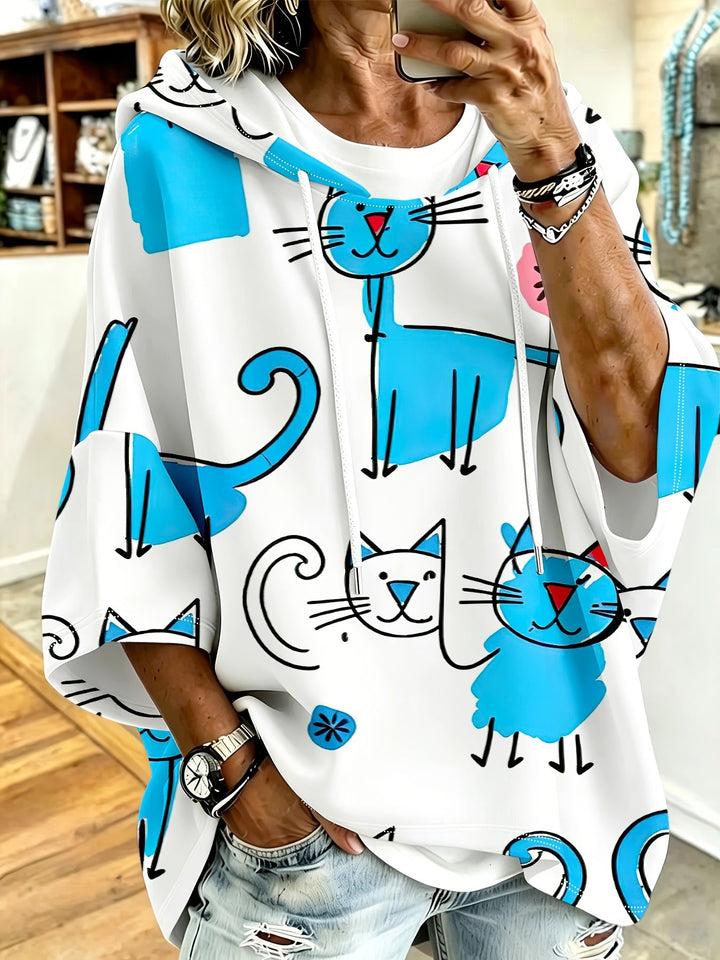 Cartoon Cat Print Hoodie with 3/4 Sleeves &amp; Drawstring