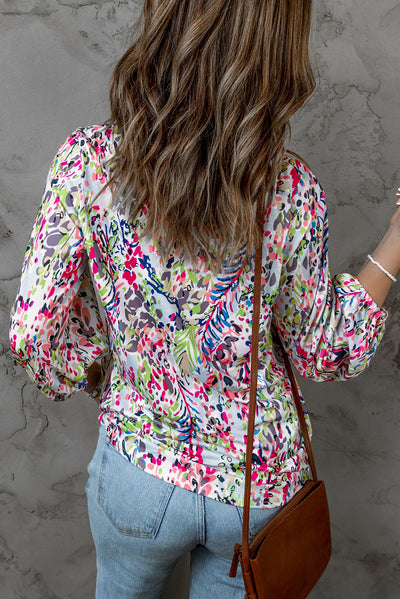 Green Floral Print Puffy Sleeve Loose Blouse