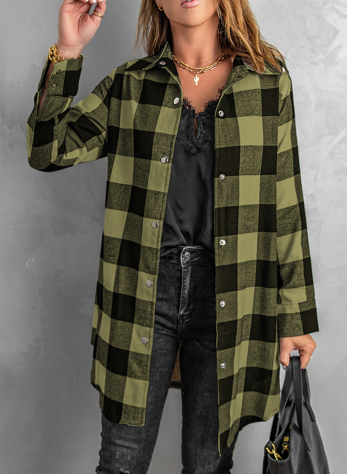 Green Turn-down Collar Plaid Shirt Coat