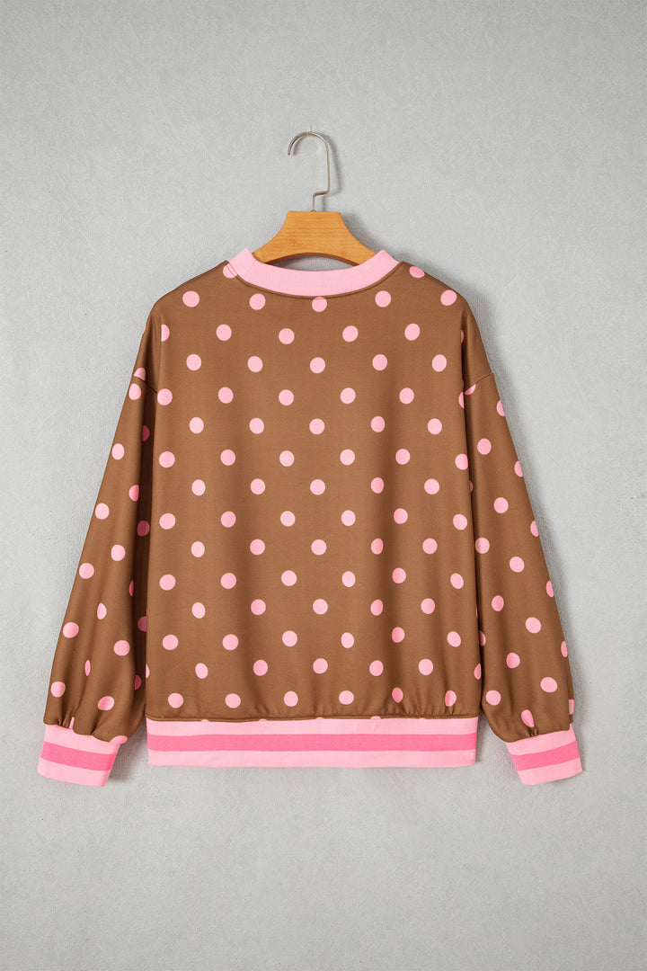 Pink Polka Dot Colorblock Round Neck Pullover Sweatshirt
