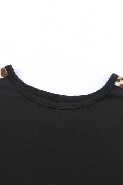 Black Leopard Splicing O-neck Short Sleeve T Shirt