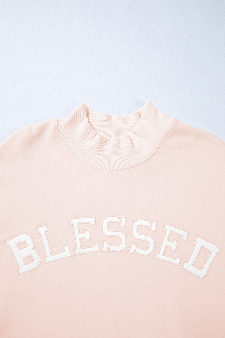 Light Pink Oversize Blessed Embroidered Mock Neck Sweatshirt