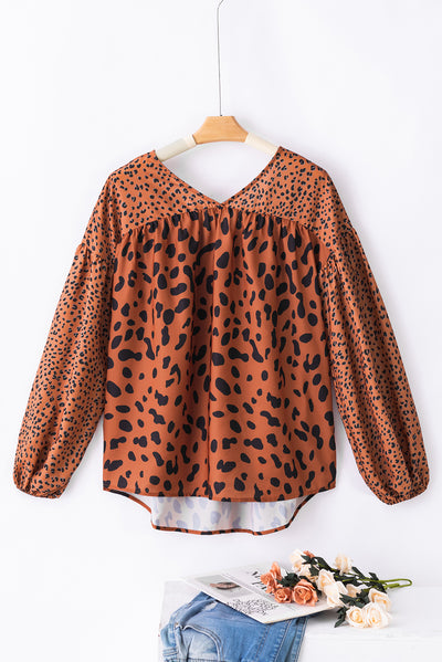 Brown Contrast Leopard Print Bubble Sleeve Blouse