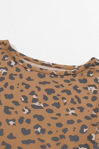 Brown Printed Raw Edge Leopard Patchwork Oversized Blouse