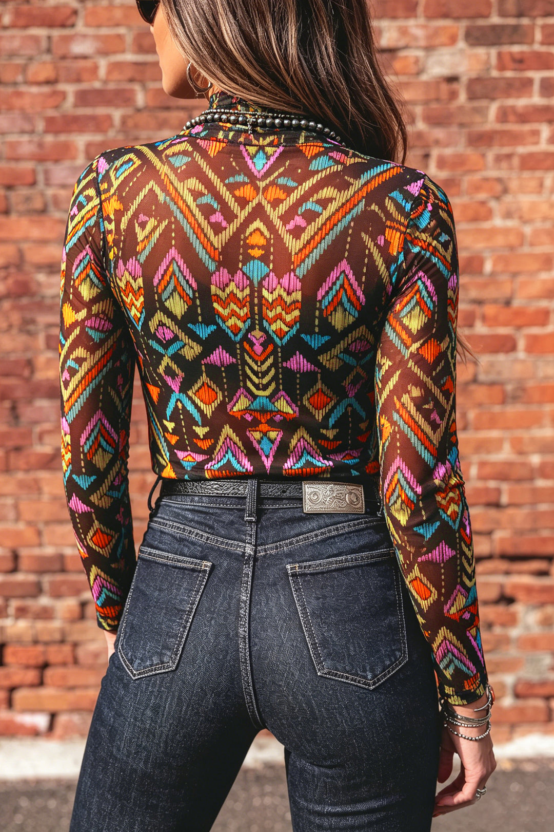 Color black Abstract Print Long Sleeve Stand Neck Mesh Top