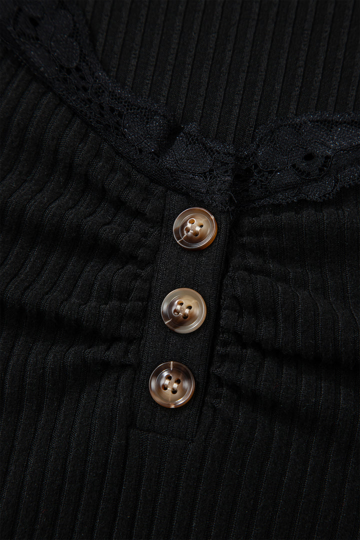 Black Lace Neckline Button Decor Lettuce Edge Long Sleeve Ribbed Top